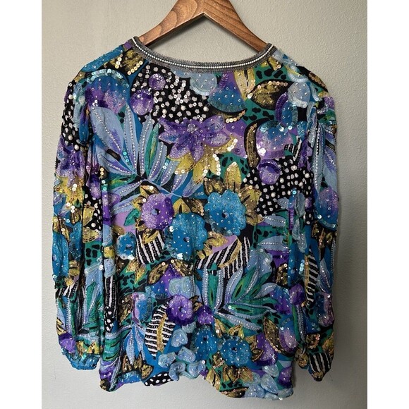 Vintage Shirt Large Floral Silk Beaded Art Wear Artsy Multi Print Sequins Pearl - Picture 3 of 9